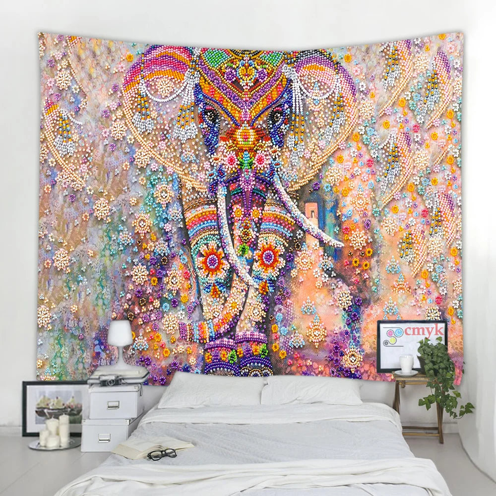 Bohemian Bliss- Colorful Pearl Elephant 3D Mosaic Tapestry